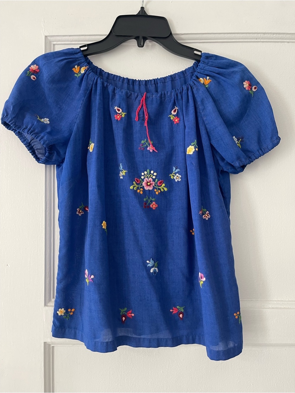 70s blue Floral Embroidered Women's Peasant Top
